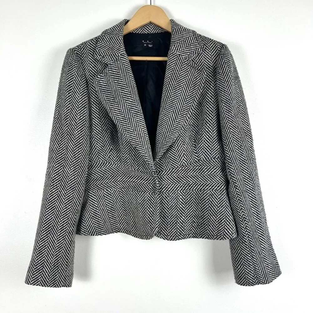 ECI New York Cropped Blazer‎ sz 10 Black & While Herringbone Office Attire